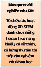 Text Box: Làm quen với nghiên cứu KH:
Tổ chức các hoạt động GD STEM danh cho những học sinh có năng khiếu, có sở thích, có hứng thú tìm tòi tiếp cận nghiệm cứu khoa học
